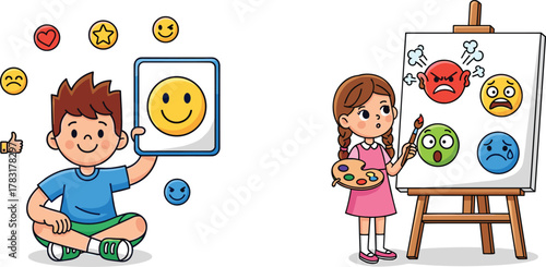 Children learning emotions through art and technology, kids painting emotional faces, emotional education, feelings expression, creative learning concept illustration