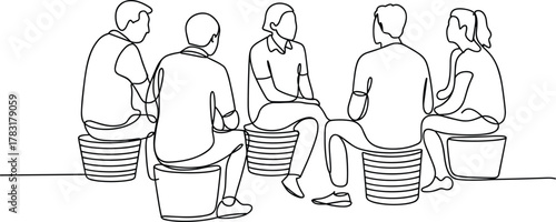 Group discussion line art, minimalist meeting illustration, seated people sketch, continuous drawing style, collaborative gathering icon, black and white concept