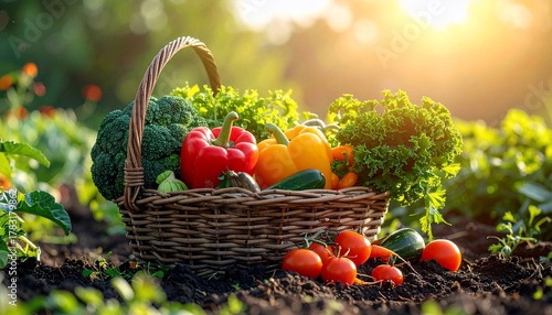 A basket overflowing with vibrant, freshly harvested garden vegetables in the sunshine