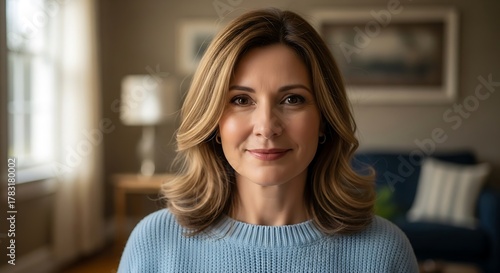 Portrait of a confident woman in her living room, looking at the camera. Free Download Portrait of a confident woman in her living room, looking at the camera. - GFXLoad