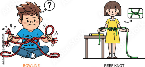 Cute cartoon boy struggling with rope knot and girl tying reef knot correctly, learning knots, teamwork, education concept, illustration