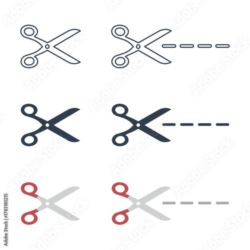 Set of scissors with cut lines, Sewing, tailor and cutoff symbol