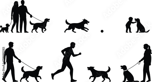 Human and dog interaction, silhouette illustration, pet companionship, walking and playing, vector art, daily life scenes, black and white