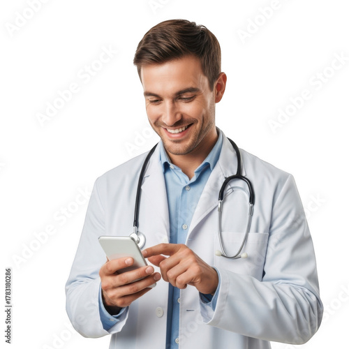 Smiling caucasian male doctor wearing white lab coat and stethoscope texting on mobile phone isolated on transparent background