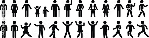 Human figure icon set, diverse silhouette poses, age and gender representation, activity symbols, black and white art, movement, standing, jumping, walking