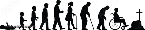 Human life cycle silhouette, aging progression illustration, black white design, baby to elderly, wheelchair and gravestone, symbolic timeline, mortality concept, anatomy art