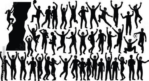 Human motion silhouettes, dynamic poses, rock climbing and activity grid, expressive movement, vector illustration, black and white, lifestyle actions