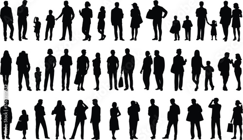 Human silhouette collection, people walking standing interacting, black vector shapes, adult and child poses, everyday activity icons, social posture illustration