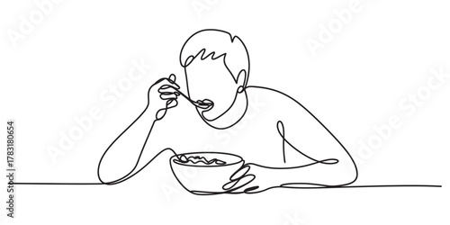 Continuous line drawing of a person eating a meal from a bowl with a spoon, minimalist vector art illustration. simple, daily nutrition. Vector