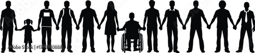 Inclusive community, people holding hands, silhouette illustration, diversity and unity, accessibility representation, vector art, social harmony, group solidarity, equality concept