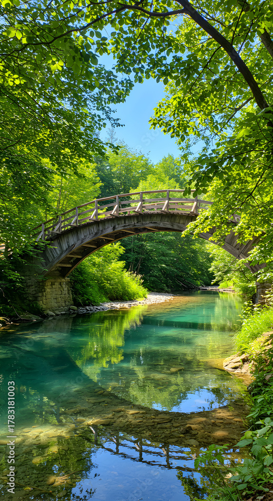 Fototapeta premium Serene Wooden Bridge Arching Over Crystal River