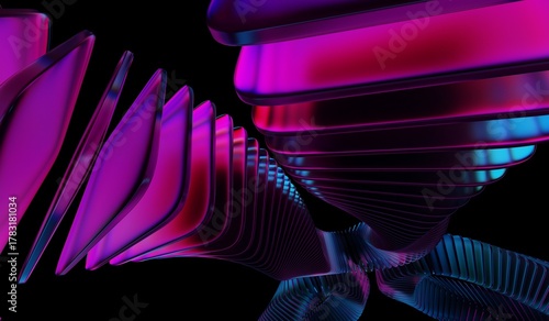 3D illustration showing black 3D background, neon light holographic gradient, abstract crystal pattern, blue purple caustic effect, and glass chromatic cube block shapes render