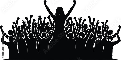Leadership celebration, cheering crowd, silhouette illustration, collective action, unity and empowerment, protest or victory, vector art, social movement, raised arms