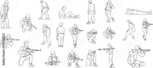 Military tactical pose illustration, black and white combat stance guide, firearm handling silhouettes, soldier movement reference, isolated white background