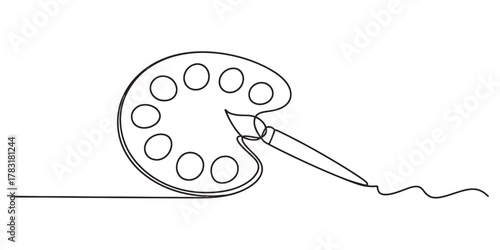 Continuous line art drawing of an artist's paint palette with brush, minimalist black outline illustration for creativity and artistic expression on white background Vector
