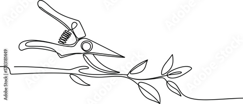 Pruning shears line art, gardening tool illustration, branch cutting sketch, minimalist plant care icon, continuous drawing, horticulture concept design
