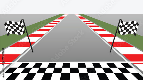 Race track illustration with checkered flags and finish line for a motorsport event.