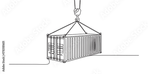 Continuous line drawing of a shipping container being lifted by a crane hook, symbolizing global logistics, modern freight transport efficiency. Vector