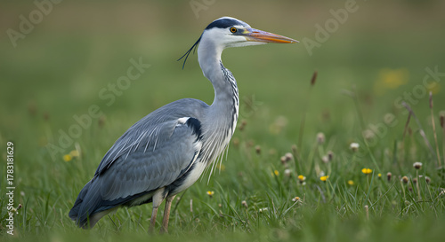 Grey Heron in Meadow, Profile View, Soft Light