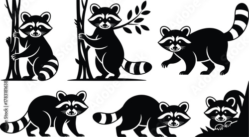 Stylized raccoon illustrations, black and white animal art, cute wildlife poses, forest creature, sniffing, peeking, walking, standing, cartoon style, nature