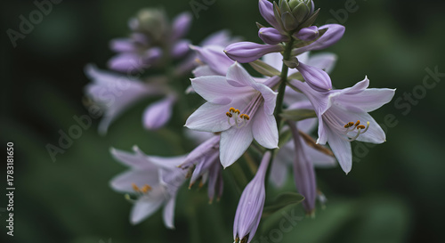 Delicate Hosta Blooms: A Close-Up of Lavender Petals and Golden Stamens in Soft Light