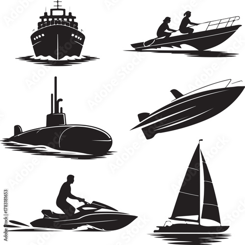 Various modes of maritime transportation including boat yacht submarine and jet ski