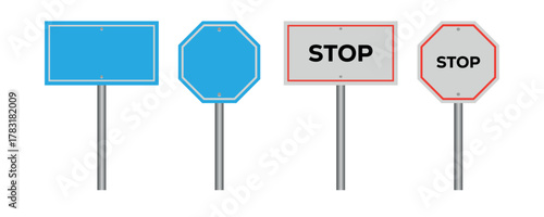 Collection of blank  traffic signs in various shapes on poles . Roadside signposts to notice information, danger, guide. Vector illustration. 