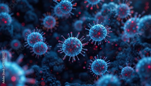 Intricate close-up of vibrant virus cells, a stunning visual for medical research or scientific presentations focusing on viral infections and outbreaks.