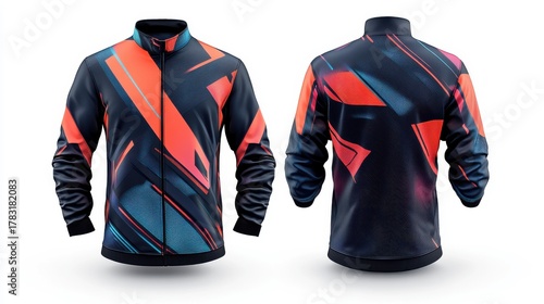 motocross jersey with bold angular lines, extreme sports influence, and a unique fusion of techwear and racing aesthetics, front and back view