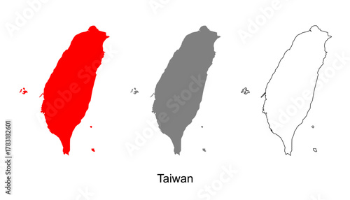 Taiwan map set. Taiwan map vector. Taiwan map on red, gray, and outline