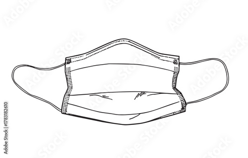 Line Art Sketch of a Disposable Medical Face Mask hand drawn sketch line art drawing illustration white background