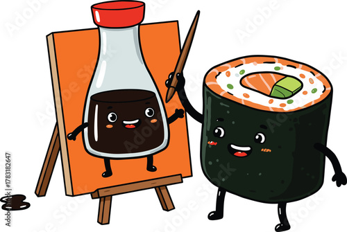 Cute sushi roll painting soy sauce bottle on canvas, funny kawaii food art illustration, creative Japanese cuisine concept
