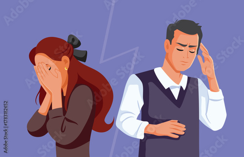 Sad Unhappy Couple Fighting and Suffering Vector Illustration. Upset husband and wife having trouble in their marriage from lack of communication
 
