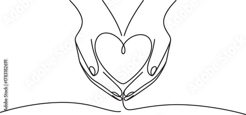 Continuous one line drawing of human hands forming a heart shape. symbolizing love, care, support, charity, unity, connection. minimalist vector. Vector