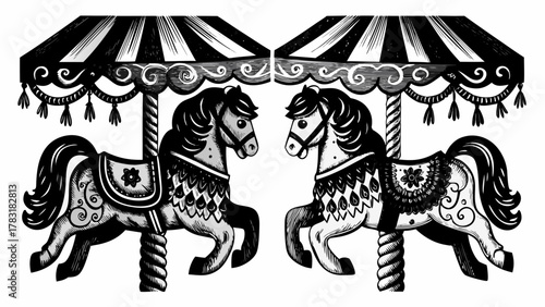 Whimsical vintage carousel horses drawing, evokes childhood memories and joyful nostalgia, classic design