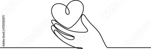 Continuous one line drawing illustration of a human hand gently holding a heart symbol, representing universal concepts of love, care, kindness, and support Vector