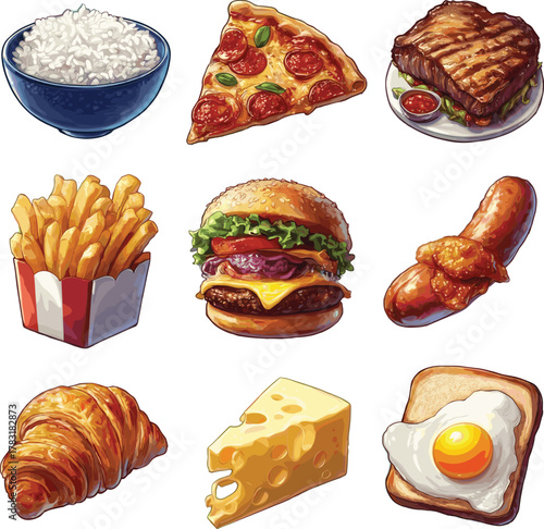 Colorful illustrated food icon set with popular meal and snack items