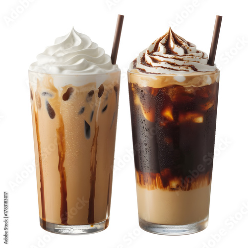 Two iced coffee drinks with whipped cream and chocolate syrup, isolated on transparent background
