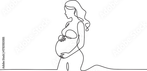 Continuous line art drawing of a pregnant woman holding her belly with love and care, symbolizing maternity, expectation, and new life journey Vector