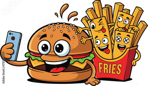 Funny cartoon burger and fries taking selfie together, fast food friends illustration, happy junk food mascot art