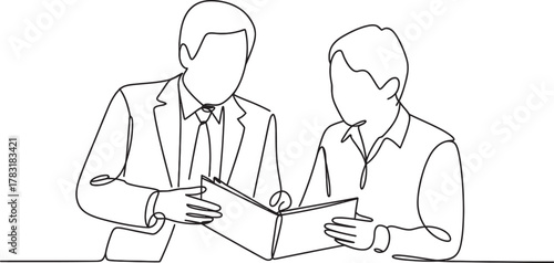 Continuous line art of two business professionals discussing documents, symbolizing collaboration, teamwork, mentorship, or a learning session Vector