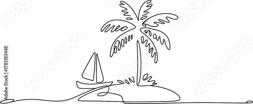 One continuous line drawing of palm tree on a tropical island with a sailing boat nearby. modern single line art vector graphic design Vector