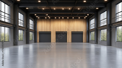 Sleek open warehouse interior with minimal partition, polished concrete floor, large windows