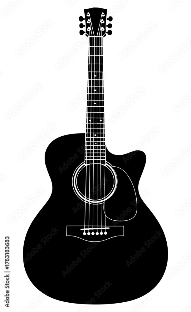 Obraz premium Acoustic guitar silhouette illustration in black and white line art showing detailed body, fretboard, sound hole, and cutaway design