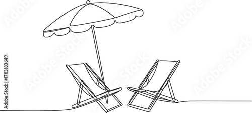 Continuous one line drawing of two empty beach chairs and a beach umbrella, perfect for summer vacation, travel, relaxation, and resort concepts. Vector