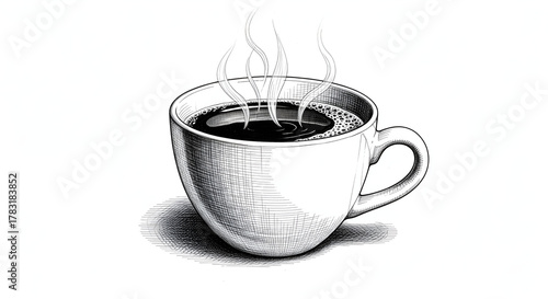 Realistic illustration of a cup of hot coffee with light steam on a plain white background