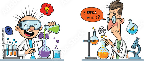 Funny cartoon scientist experimenting with colorful chemicals, mad science concept, laboratory humor, creative chemistry reaction, failed experiment illustration