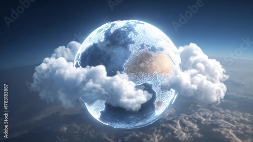 Global Embrace: A stunning depiction of the globe, enveloped by soft, billowing clouds, symbolizing our interconnected world and the delicate balance of our planet.