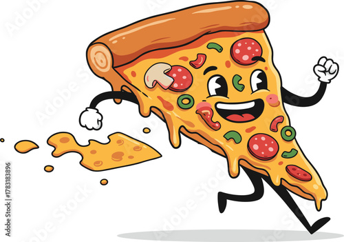 Funny cartoon pizza slice running happily with cheese melting, pepperoni toppings and smiley face, delicious food character illustration