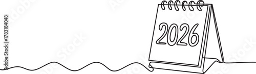 Continuous line drawing of a 2026 desk calendar, symbolizing new beginnings, future plans, upcoming events, and important schedules for the year. Vector